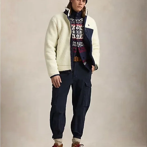 Ralph Lauren Men's Cream and Navy Pile Fleece Hybrid Jacket - Picture 4 of 13